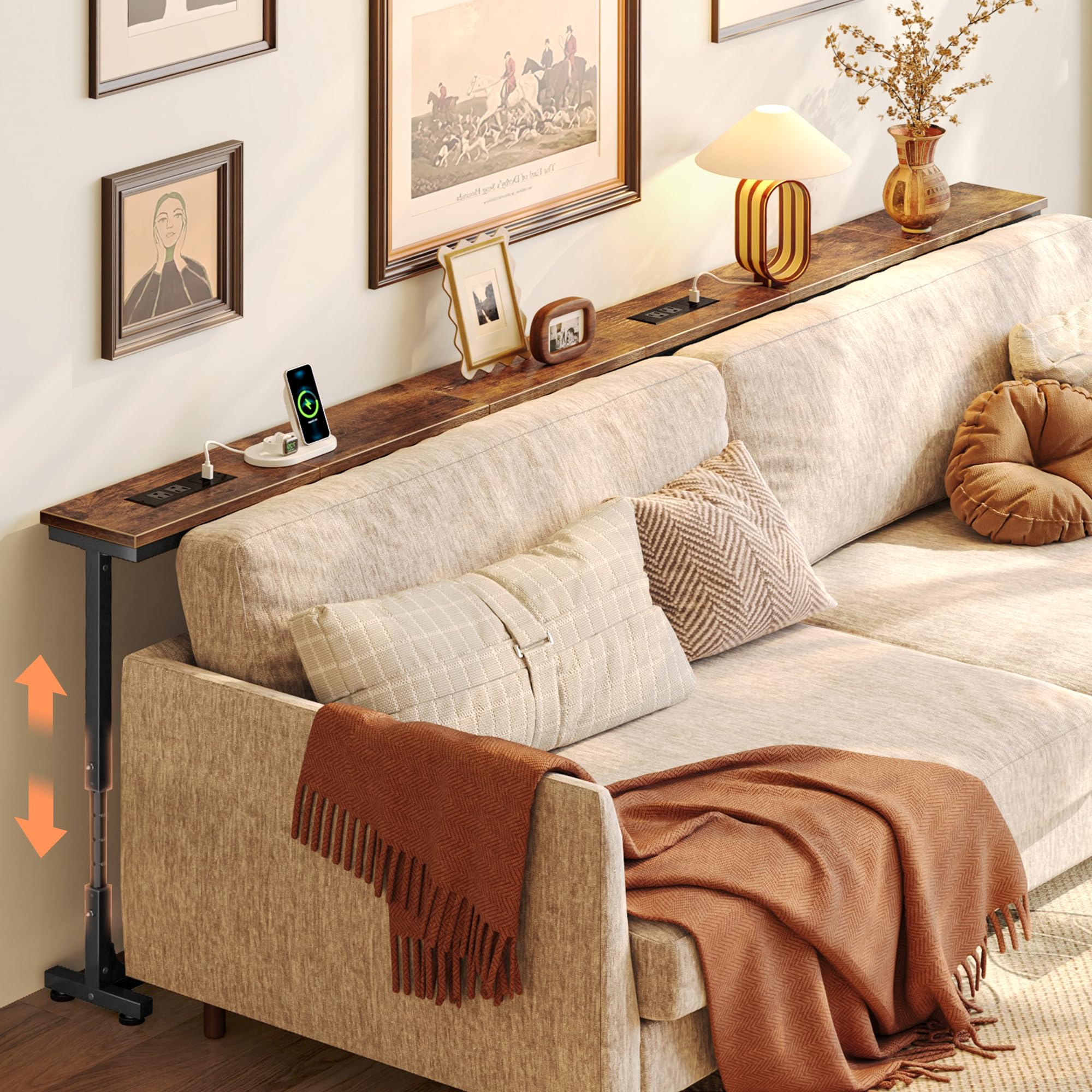 Photo 1 of Huuger 78.7 Inch Behind Couch Table with Power Outlets, 23.9’’-34.4’’ Height Adjustable Range, Sofa Tables Narrow Long with USB-C Ports, Skinny Console Table, for Small Spaces, Rustic Brown