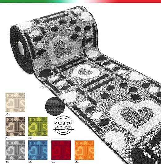 title=Tappeto cucina cuori SU MISURA AL METRO h57cm bordato tessitura 3D retro