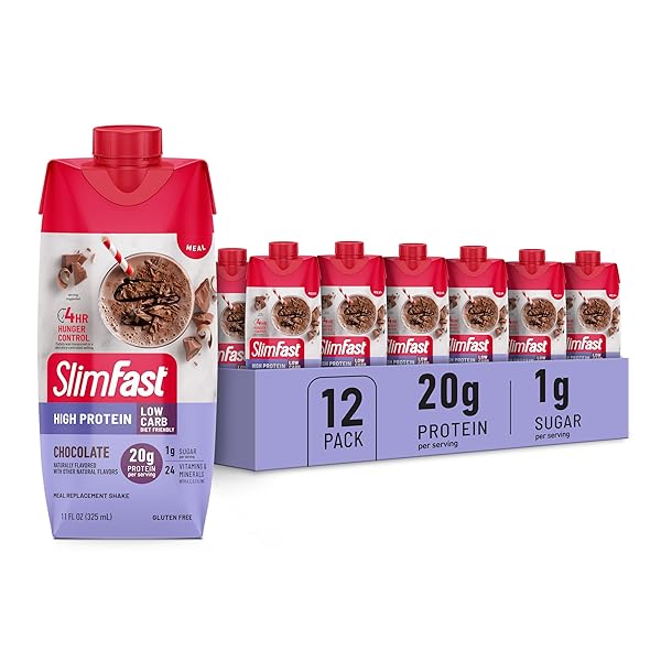 SLIMFAST PROTEIN SHAKE, CHOCOLATE- 20G PROTEIN, MEAL REPLACEMENT SHAKE READY TO DRINK, HIGH PROTEIN WITH LOW CARB AND LOW SUGAR, 24 VITAMINS AND MINERALS, 12 COUNT (PACK OF 1) (PACKAGING MAY VARY)