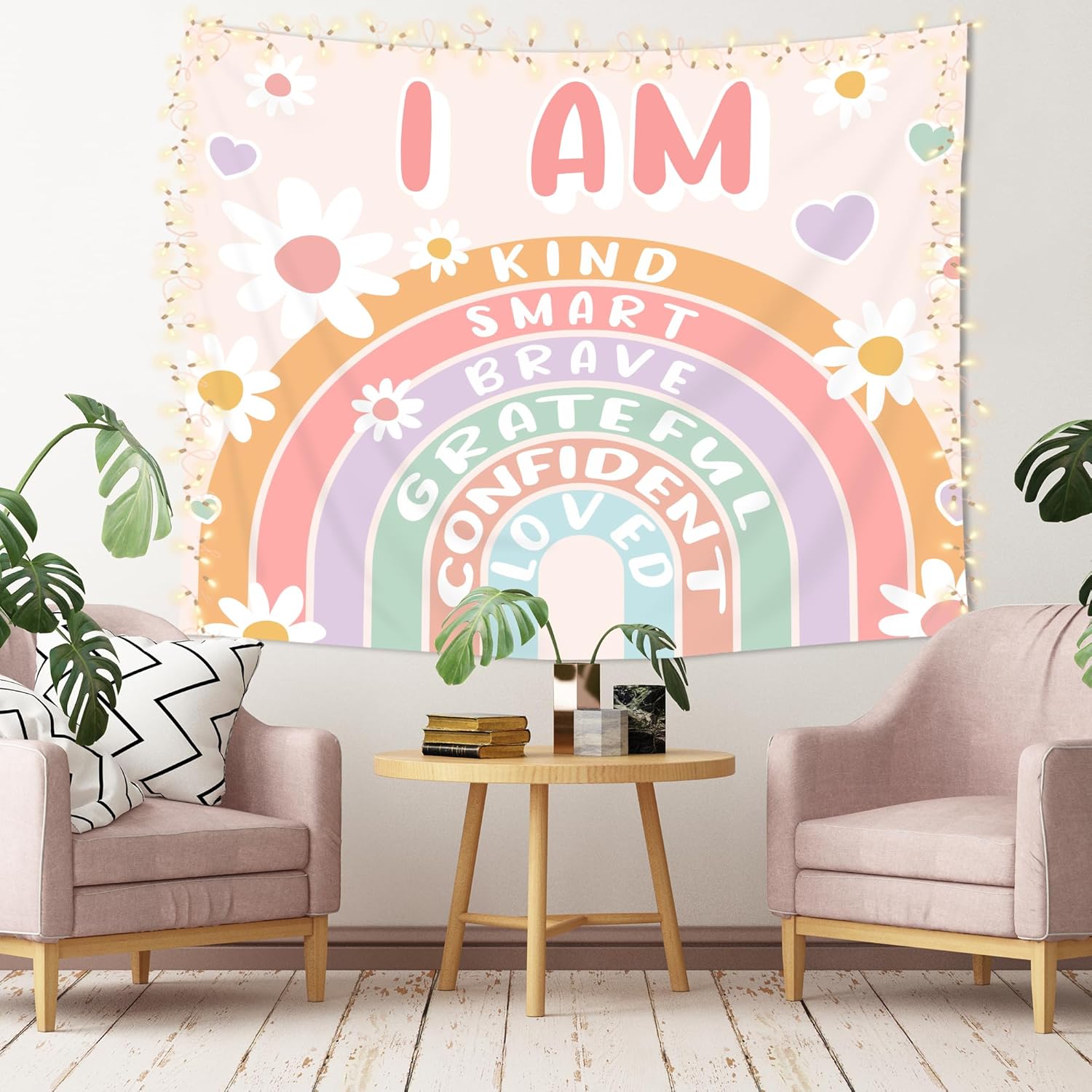 Tapestries - Imirell Rainbow Positive Quote Tapestry 59Wx51H Inches Cute Colorful Floral Flower Arch Inspirational Motivational Words Cartoon Art Hanging Bedroom Living Room Dorm Wall Blankets Home Decor Fabric