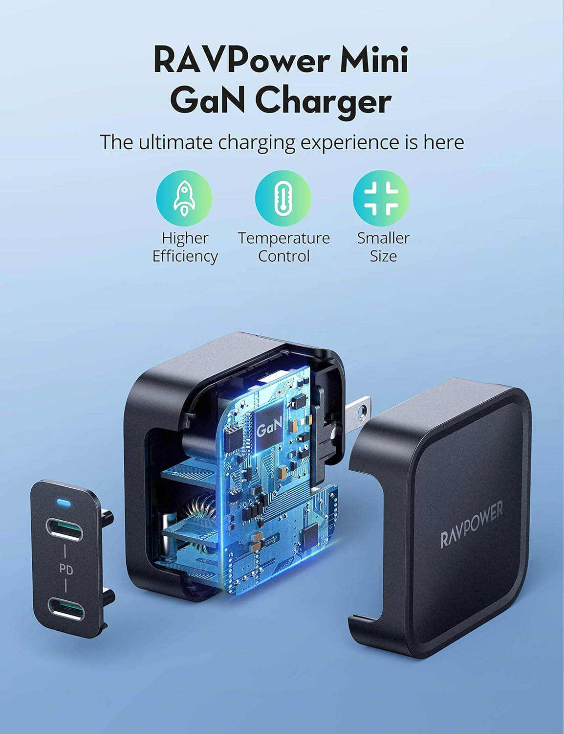 USB C Charger RAVPower 65W PD Charger 2-Port Foldable iPhone Fast Wall Charger, GaN Tech & PD 3.0 Compact Type C Adapter for iPhone 12 Max, MacBook Pro, Galaxy, Switch, iPad Pro(C to C Cable Included)