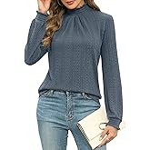 Micoson Womens Mock Neck Blouses Pleated Textured Shirts Long Sleeve Stretch Casual Tunic Tops Dressy Fashion Blouse
