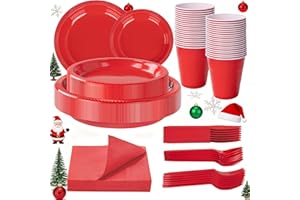 WELLIFE 210Pcs Red Plastic Plates, Christmas Plates Disposable, Party Supplies Including Red plates, 12oz Cups, Plastic Cutlery and Napkins Serve 30 Guests, Disposable Dinnerware Set for Christmas