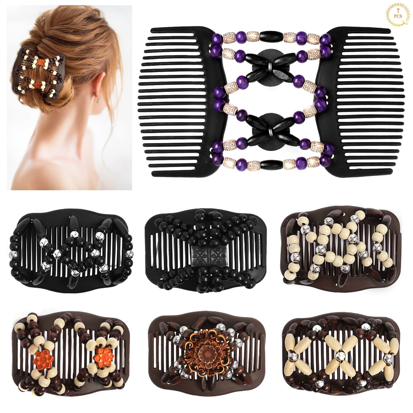 Dadabig 7 PCS Beaded Hair Combs, Elastic Hair Combs Magic Elastic Hair Clip Stretchy Hair Clip Comb Hair Double Magic Clips Vintage Beads Hair Comb for Women Girls Hair Accessory DIY Hair Styling Tool