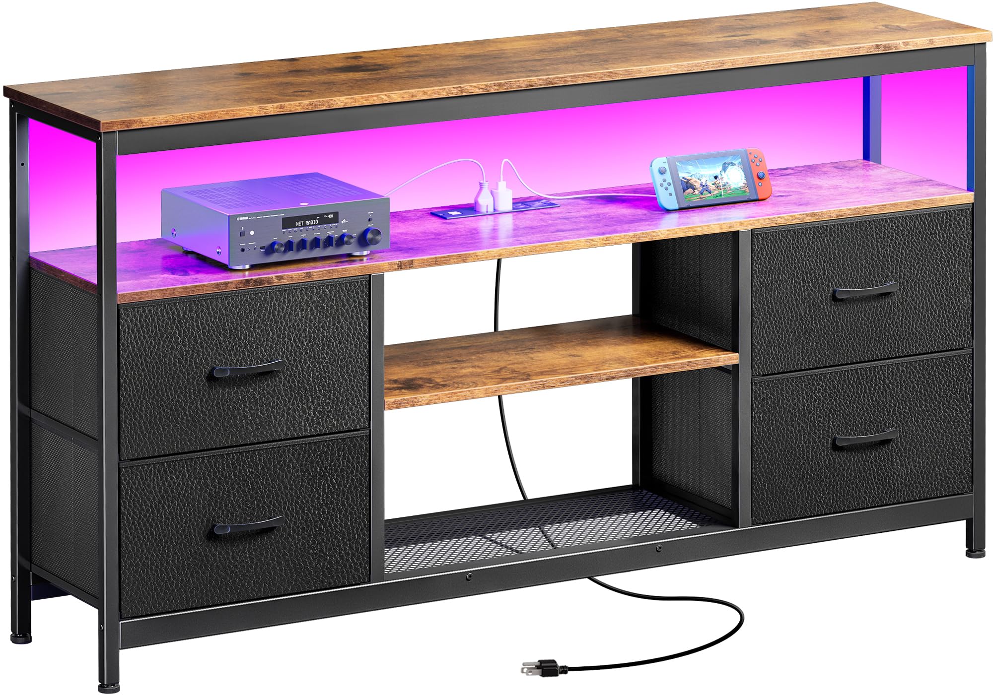 Huuger TV Stand Dresser with Power Outlets and LED Lights, 4 Drawers Entertainment Center with Shelves, 54 Inch Media Console for 55 60 Inch TV, PU Finish, Rustic Brown and Black Image