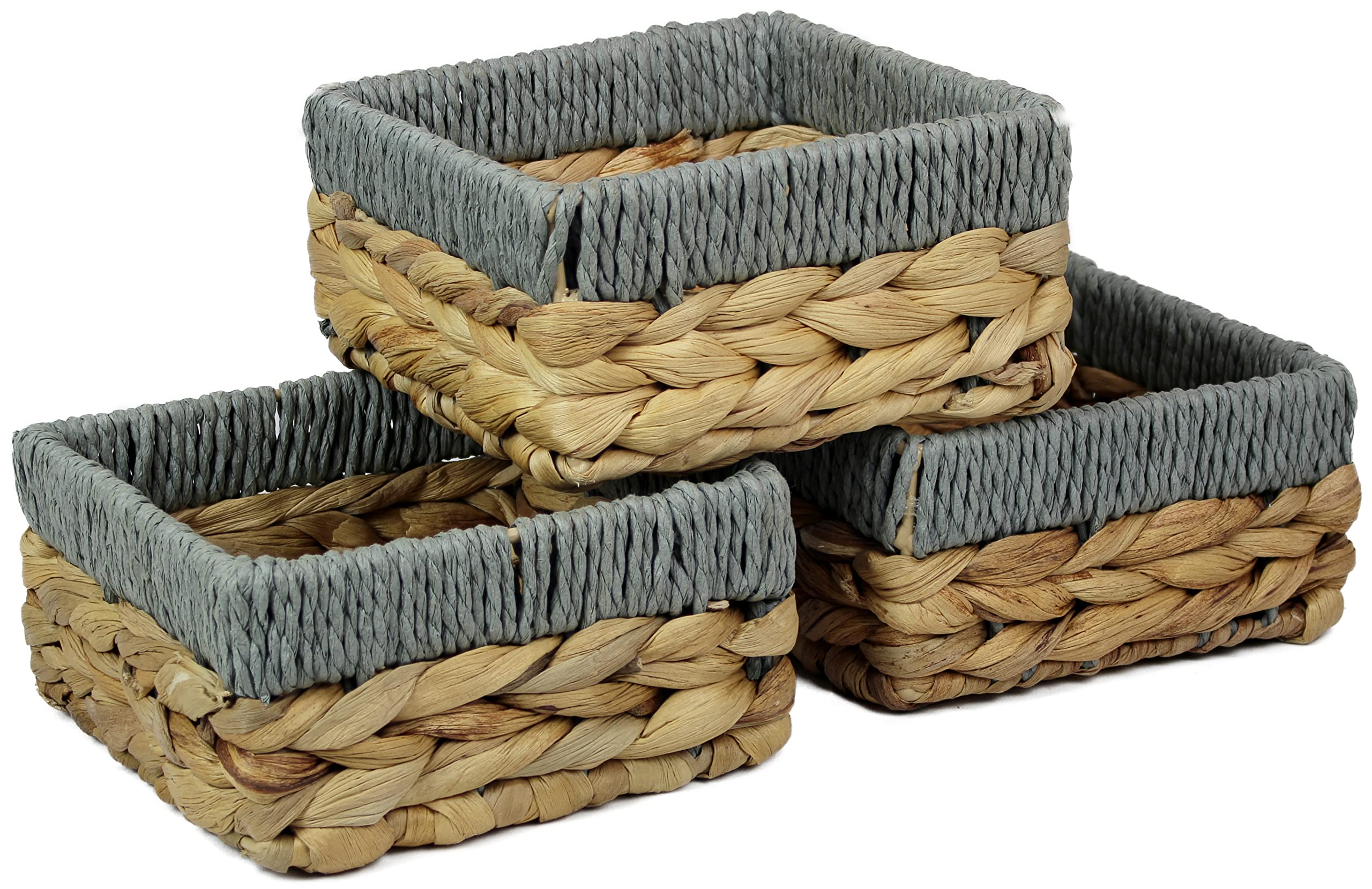 Square Water Hyacinth Small baskets for storage Natural and Grey wicker basket shelves open Decorative gift box Small bathroom mini tray makeup bathroom Kitchen organiser (Medium 18cm, 3 x Basket)