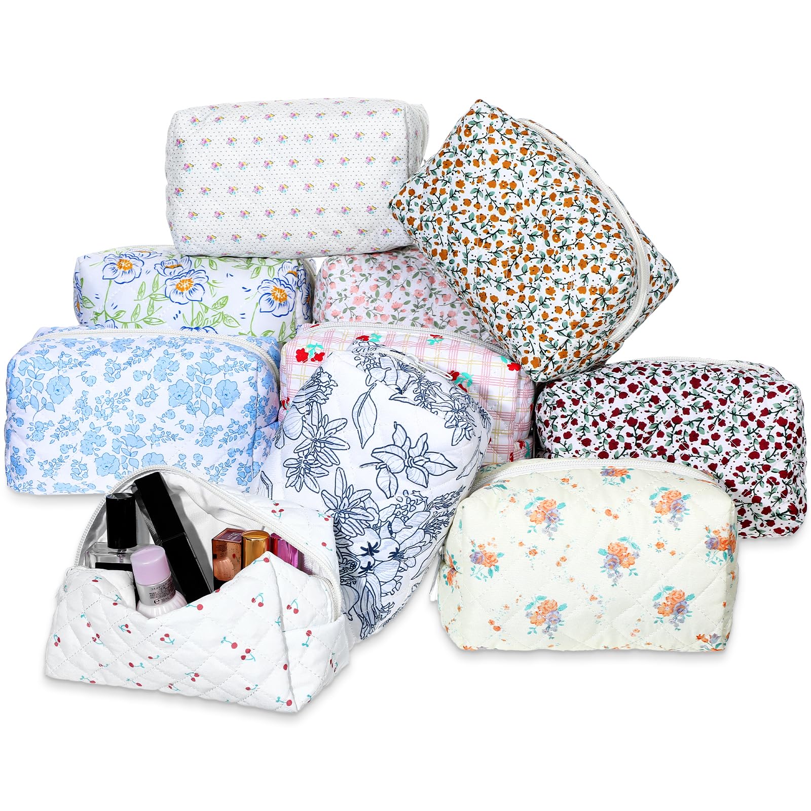 Photo 1 of MBAIYO 10 Pcs Cotton Floral Quilted Makeup Bags, Aesthetic Cosmetic Bags Portable Floral Makeup Pouch with Zipper Make Up Organizer for Women Travel Gifts