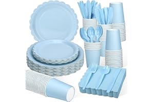 YMDOBIGER Light Blue Plates and Napkin Party Supplies, Blue Scalloped Paper Plates Cups Napkins Knives Forks Spoons for Baby Boys Birthday Baby Shower Party Decorations, Serves 25