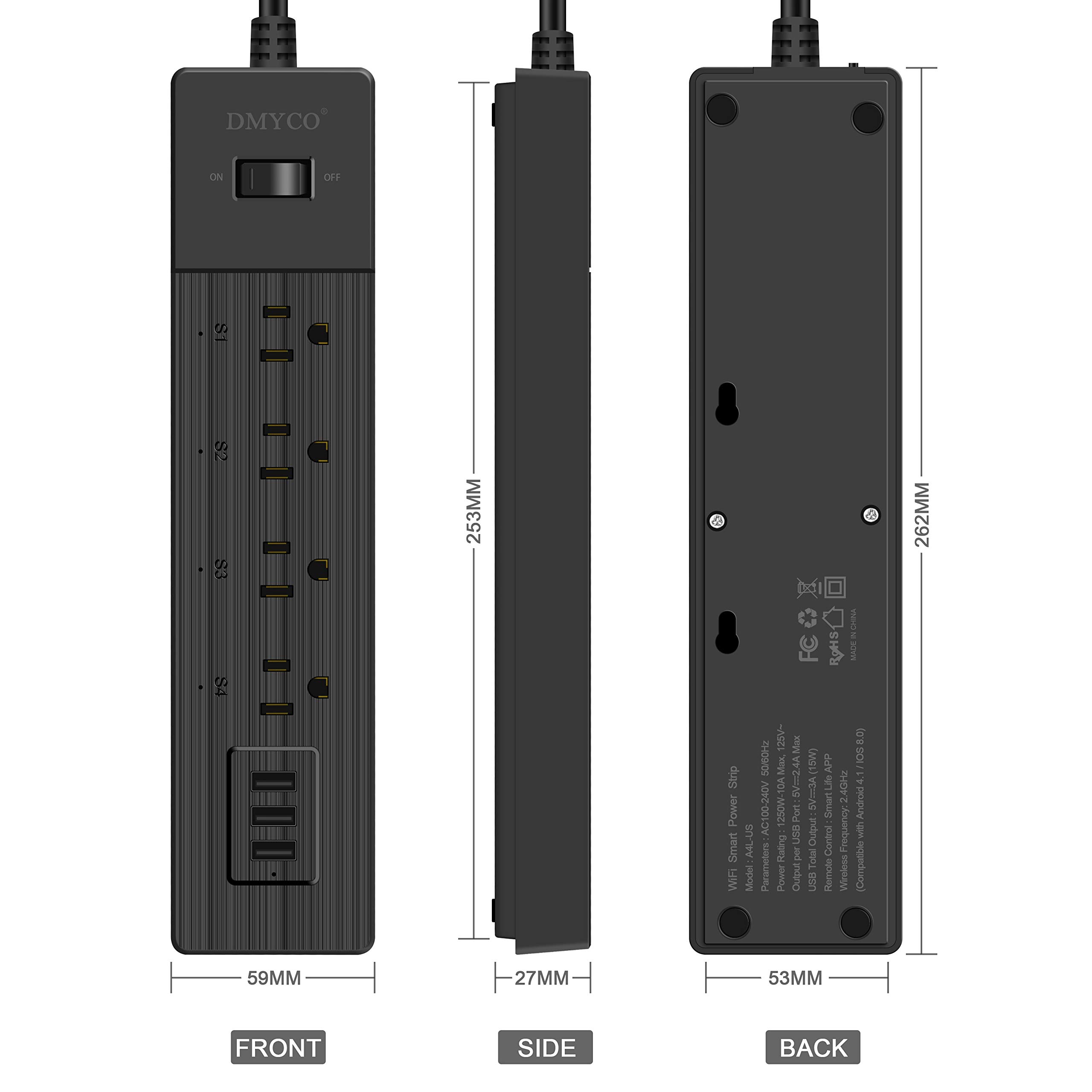 WiFi Smart Power Strip，Multiple Outlet Surge Protector USB Bar，with 3 USB Ports 4 Smart Outlets Overload Switch and 6FT UL Cord, Remote Control, Compatible with Alexa Echo, Google Home and IFTTT