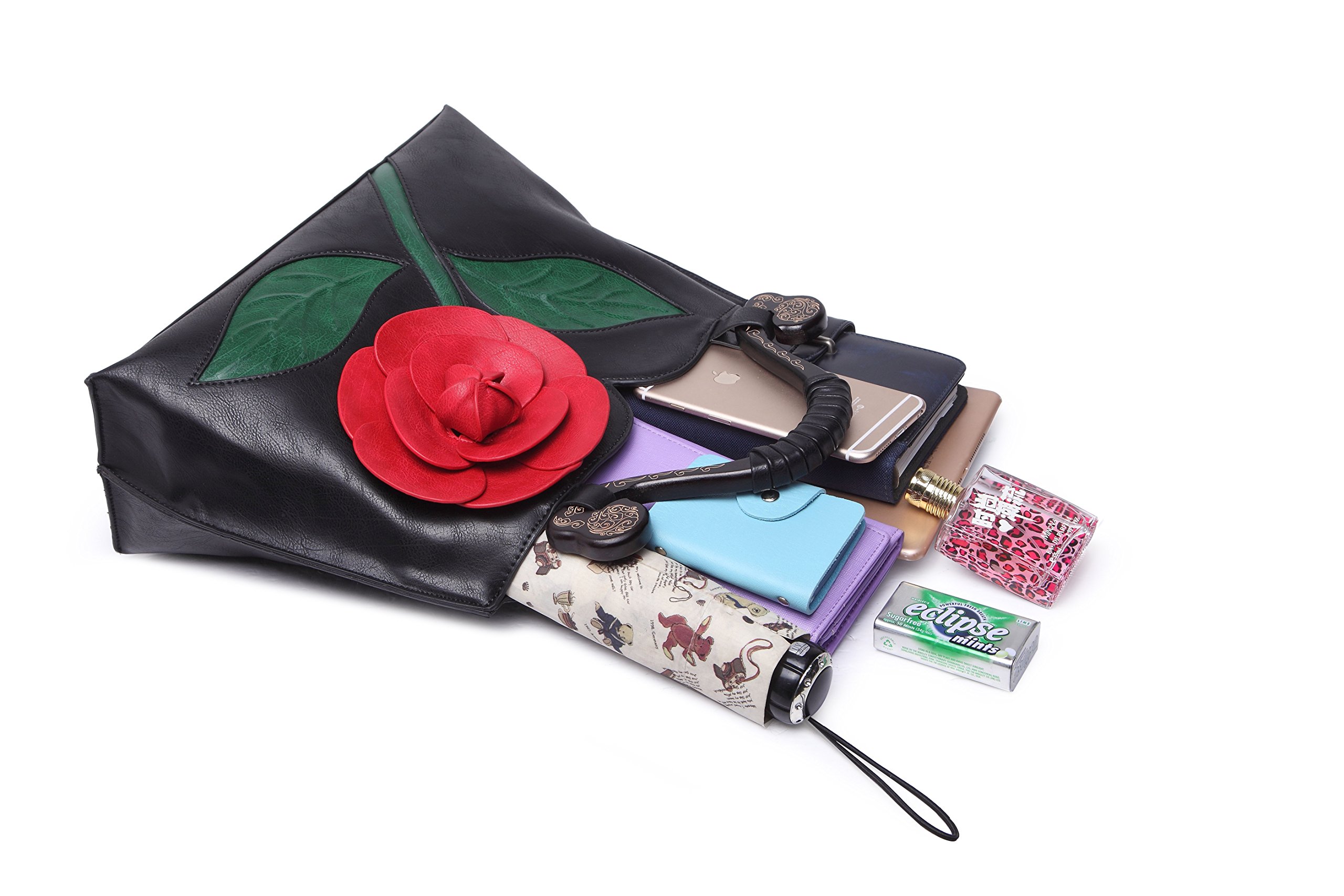 Ruiatoo Women\'s Purses and Handbags Classic Rose Ladies National Wind Shoulder Bag PU Leather Satchel Black