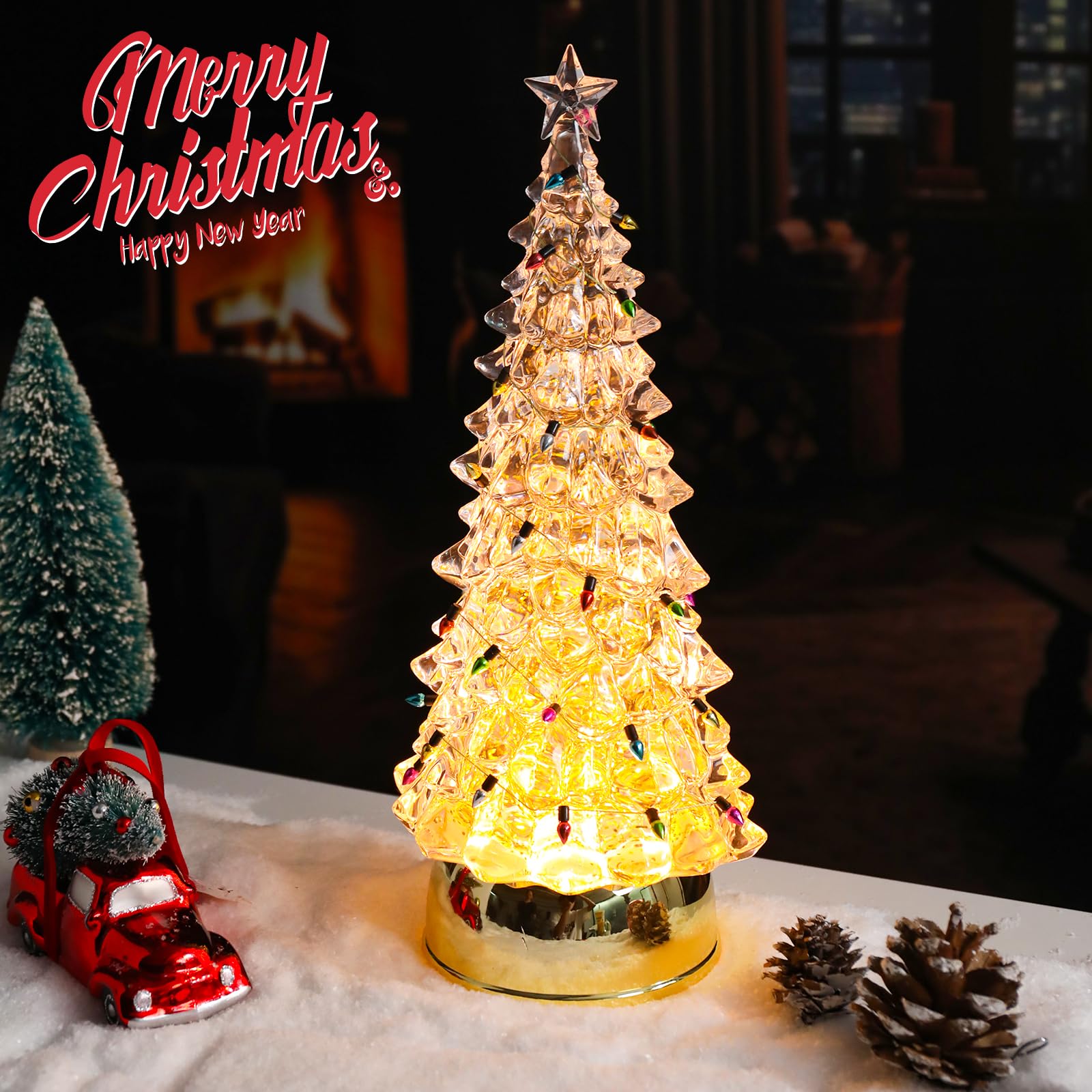 Photo 1 of WONDER GARDEN Light Up Christmas Tree, 12” Acrylic Christmas Tree Snow Globe with Colorful Bulbs, Battery Operated Gold Water Swirling Glitter Led Lights Christmas Decorations Indoor for Tabletop