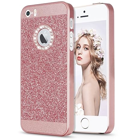 Imikoko Hülle für iPhone 5/5S/SE Hülle Luxus Bling Hardcase Strass Glitzer Schutzhülle Hülle Handyhülle Etui Case(Rosegold)