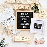 Pregnancy Announcement Set, Baby Announcement Props Ideas Include Letter Board, Pregnancy Test Box, Baby Onesie, Booties, Photo Frame, Wooden Sign, Wood Blocks and Bear Coming Soon Baby Announcement