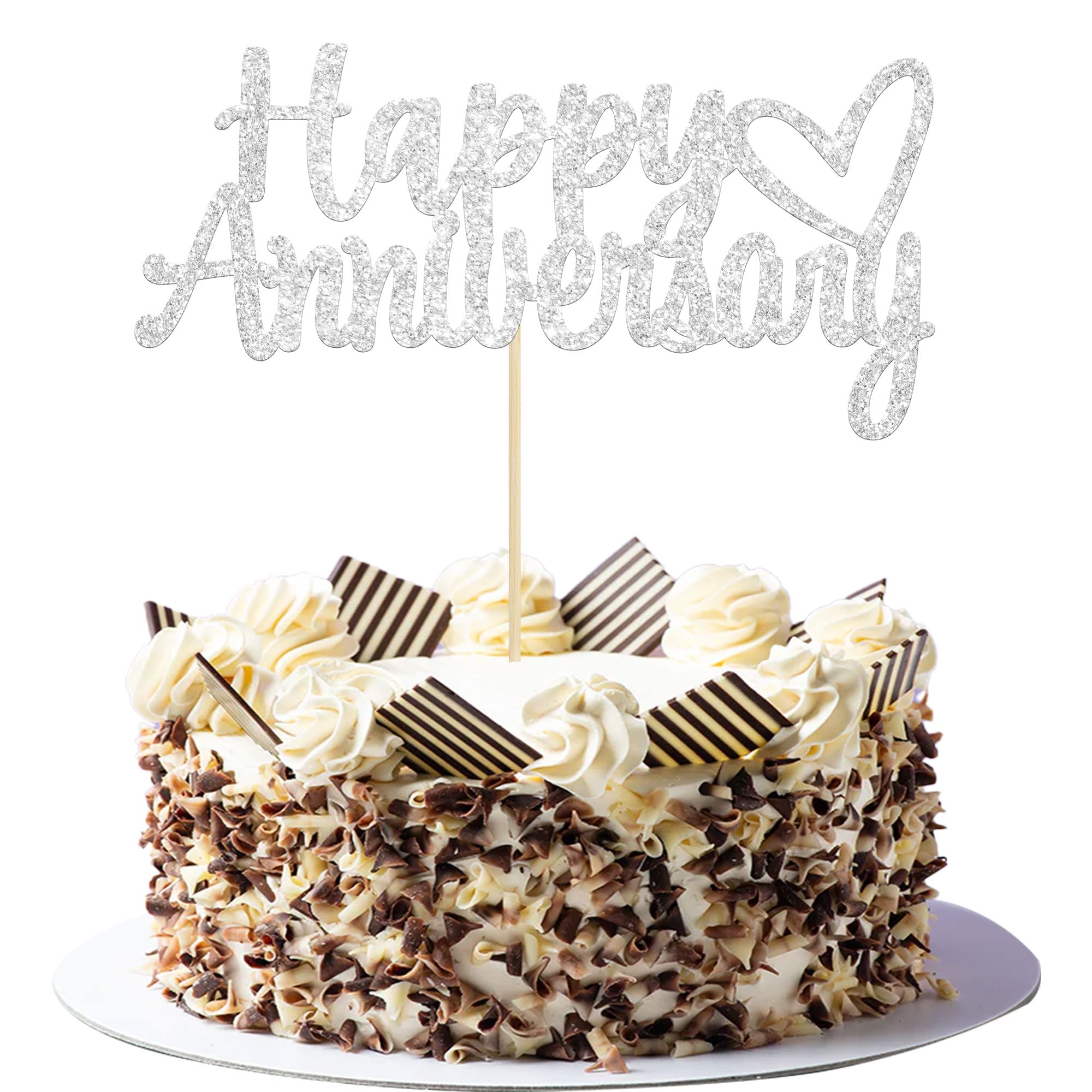 Gyufise 1Pc Happy Anniversary Cake Topper - Silver Glitter Wedding Cake Decor