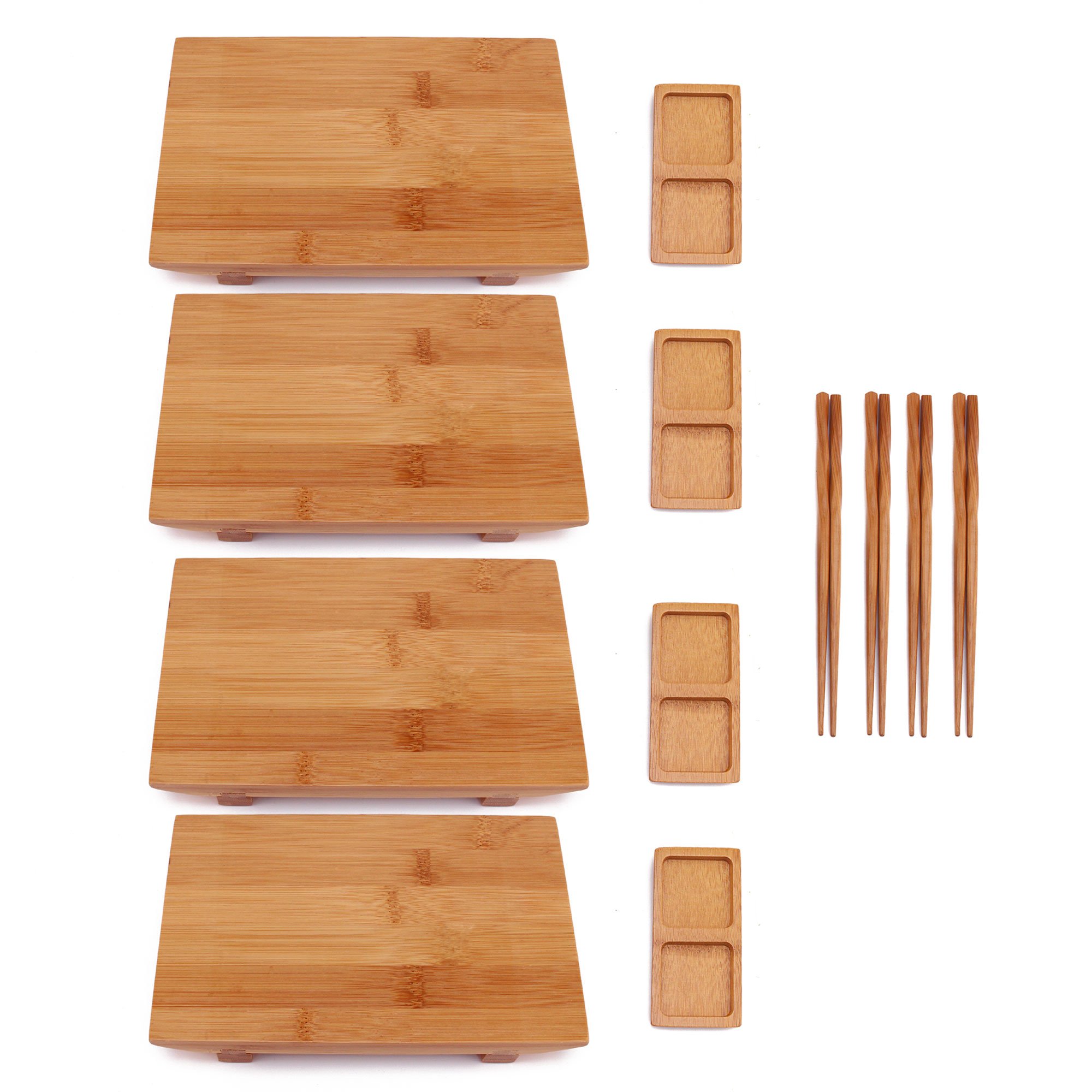 BambooMN Bamboo Sushi Plate/Tray, Chopsticks and Compartment Sauce Dish, 11.5" Rectangle - 4 Sets
