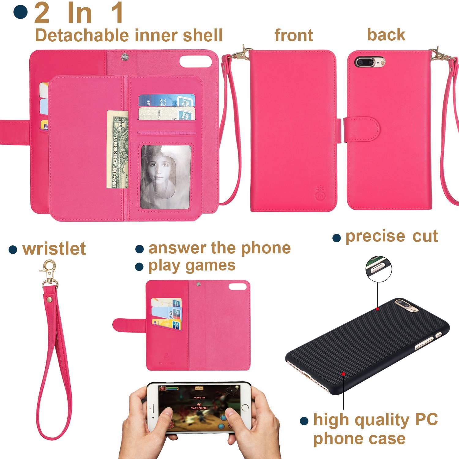 2 in 1 iPhone 7 iPhone 8 Case Wallet Folio Flip PU Leather Case Magnetic Detachable Inner Shell and Slim Back Cover Card Holder Slot Wrist Strap for iPhone 7 iPhone 8 4.7 inch (Hot Pink-7/8)