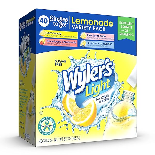 WYLER’S LIGHT LEMONADE VARIETY PACK, 40 CT SINGLES TO GO POWDER PACKETS, WATER DRINK MIX, VARIETY PACK, PINK, STRAWBERRY & BLUEBERRY LEMONADE, SUGAR & CAFFEINE FREE, ON-THE-GO,(PACK OF 1)