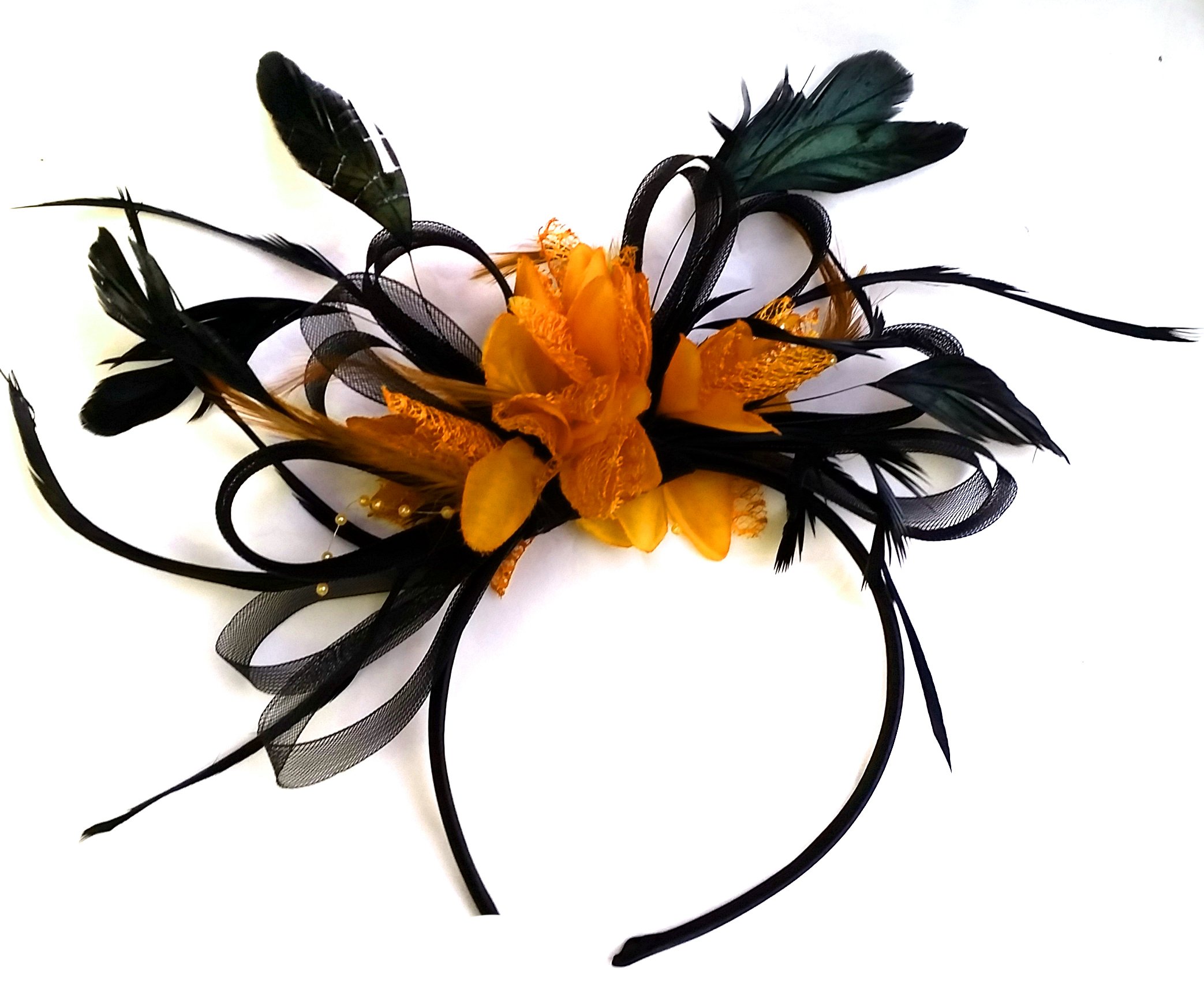 Black and Orange Hair Fascinator Headband Wedding and Royal Ascot Races Ladies, Unisize, Orange