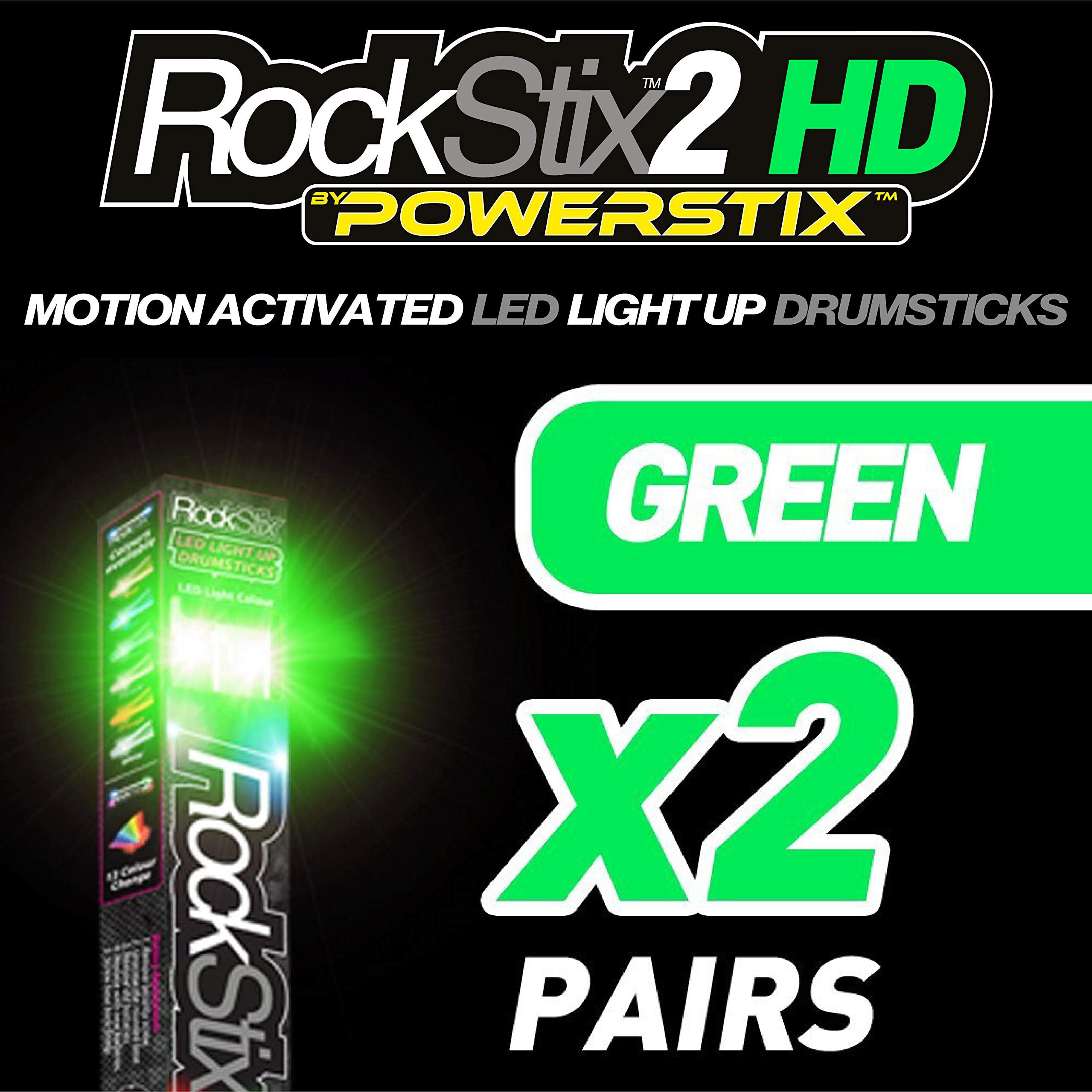 ROCKSTIX 2 HD GREEN, BRIGHT LED LIGHT UP DRUMSTICKS, with fade effect, Set your gig on fire! (GREEN TWIN PACK - 2 PAIRS)