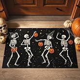 Halloween Door Mat: Funny Halloween Skull Rug, Black Dancing Skeleton Non-Slip Halloween Bathroom Rug with Pumpkin, Spooky Halloween Indoor Outdoor Decorations for Bathroom, Bedroom 17x29 Inch