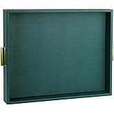 HofferRuffer Extra Large Serving Tray with Handles, Elegant Faux Leather Storage Decorative Tray for Coffee Table, Ottoman, Console Table (Green Tray+Golden Handle)
