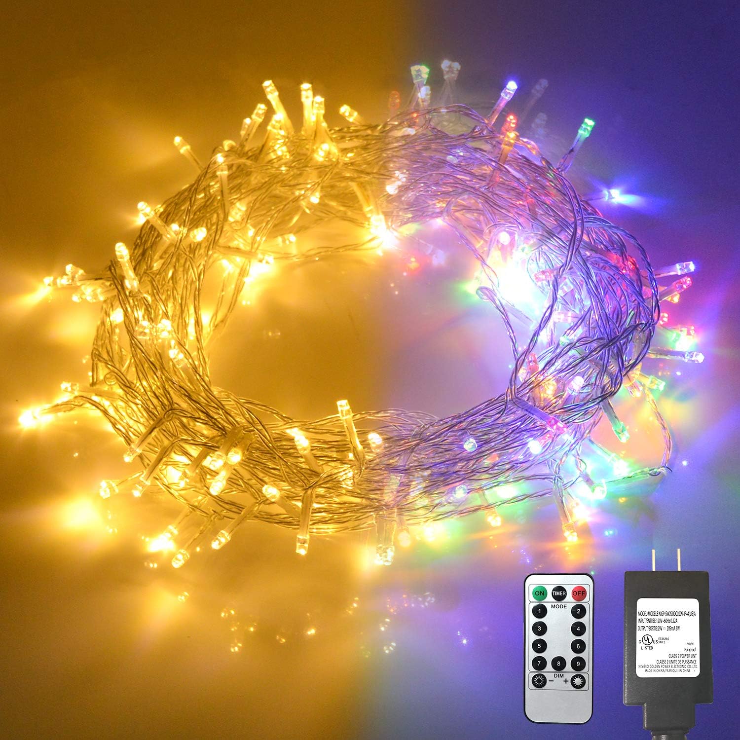 ADINC Indoor String Lights Bedroom Decoration - 66FT 200 LED Multi Color Changing Plug in Fairy Lights Warm White 9 Modes Christmas Window Wedding Party Outdoor Wall Decor Waterproof Remote & Timer