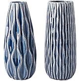 VICTOR & TERESA Ceramic Vase for Flowers, 8'' Set of 2 Decorative Vintage Blue Vases for Home Decor, Farmhouse Vases for Pampas Grass, Table, Mantel, Living Room, Shelf, Centerpieces, Gifts for Mom