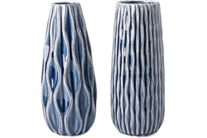 VICTOR & TERESA Ceramic Vase for Flowers, 9.5'' Set of 2 Decorative Vintage Blue Vases for Home Decor, Farmhouse Vases for Pampas Grass, Table, Mantel, Living Room, Shelf, Centerpieces, Gifts for Mom