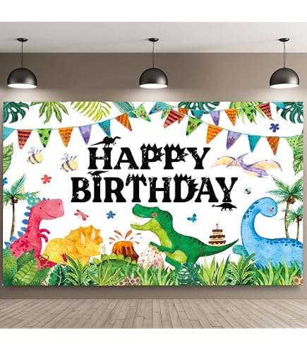 Dinosaur Happy Birthday Banner - Large Watercolor Jungle Backdrop For Kids Party Decor