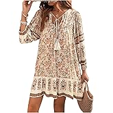 Floerns Women's Vacation Tassel Tie Neck Boho Dress Puff Sleeve Swing Shift Dress