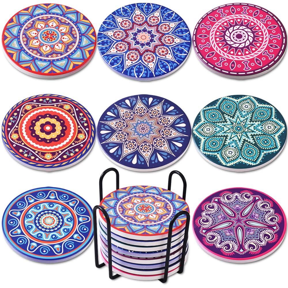Newk Coasters for Drinks, Set of 8 Ceramic Absorbent with Metal Holder, Mandala Coasters for Coffee Table, Great Housewarming Gifts
