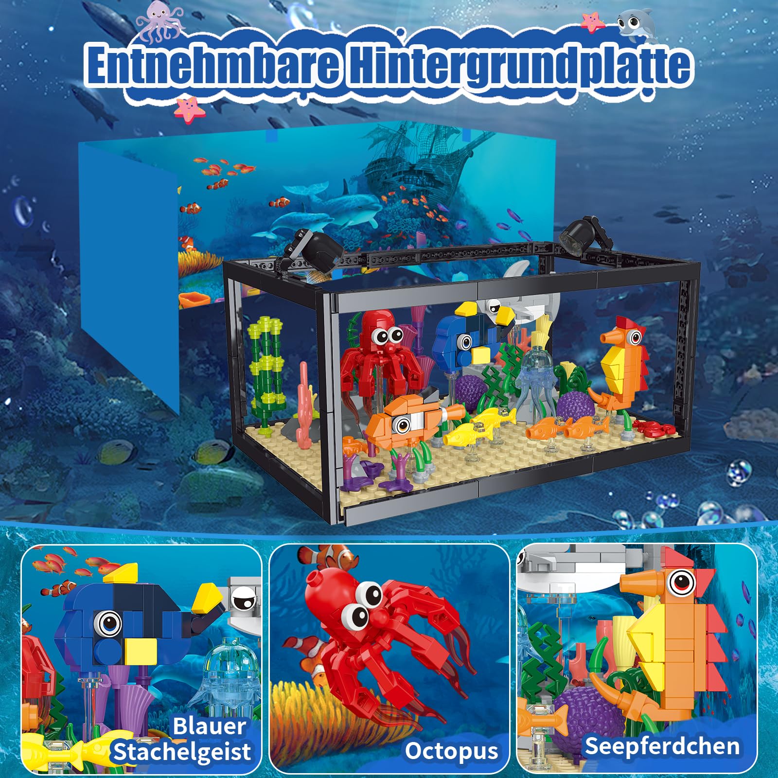 8-in-1 Aquarium Fish Tank Baustein mit LED Licht, einschließlich Meeresquallen, Fischen, Tierbauspielzeug, Geburtstag Weihnachten Geschenk für Erwachsene Kinder Jungen Mädchen ab 6 8 10 12+ Jahren 4