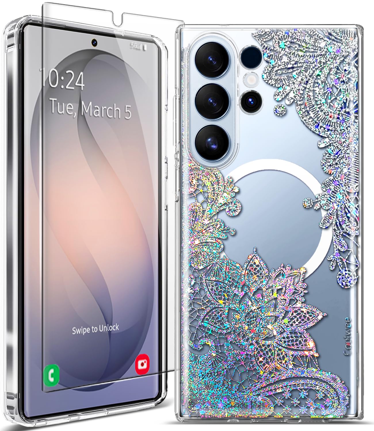 Coolwee Magnetic for Samsung Galaxy S26 Ultra Case, Compatible with MagSafe, Cute for Women Girls, 10FT Military Grade Protective Cover for Galaxy S26 Ultra Case Glitter, Clear Bling Lace Mandala