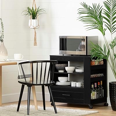 South Shore Vietti Microwave Cart on Wheels, Black Oak