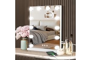 Ratsamee Hollywood Vanity Mirror with Lights, 12 Dimmable Bulbs, 3 Color Lights,Make Up Lighted Mirror, Aluminum Metal Frame, USB Charging Port（14" x 18"）
