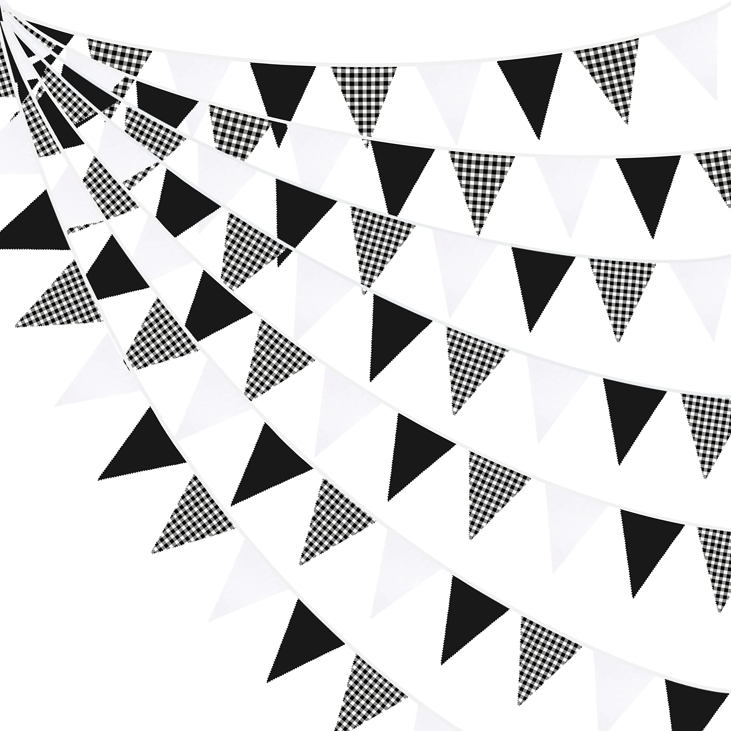 32Ft Black White Plaid Fabric Bunting Banner Party Decorations Checkered Gingham Triangle Flag Pennant Garland for Wedding Birthday Engagement Halloween Picnic BBQ Football Racing Theme Outdoor Garden