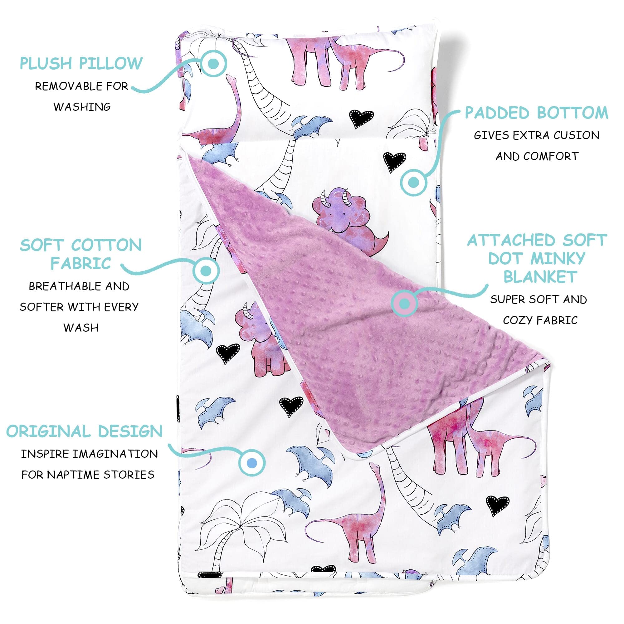 JumpOff Jo - Toddler Nap Mat - Sleeping Bag for Kids with Removable Pillow and Ultra Soft Blanket for Preschool, Daycare, and Sleepovers - Pink Dino