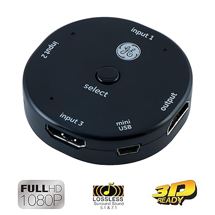 GE 3 Device HDMI Switch, Use with 4K TV Smart TV Roku Xbox PS3 PS4