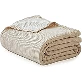 Simple&Opulence 100% Cotton Muslin Blanket Queen Size, Lightweight Breathable 4 Layering Gauze Blanket for Bed Couch Camping, Soft Bedspread Coverlet All-Season Use (Beige, 88" x 92")