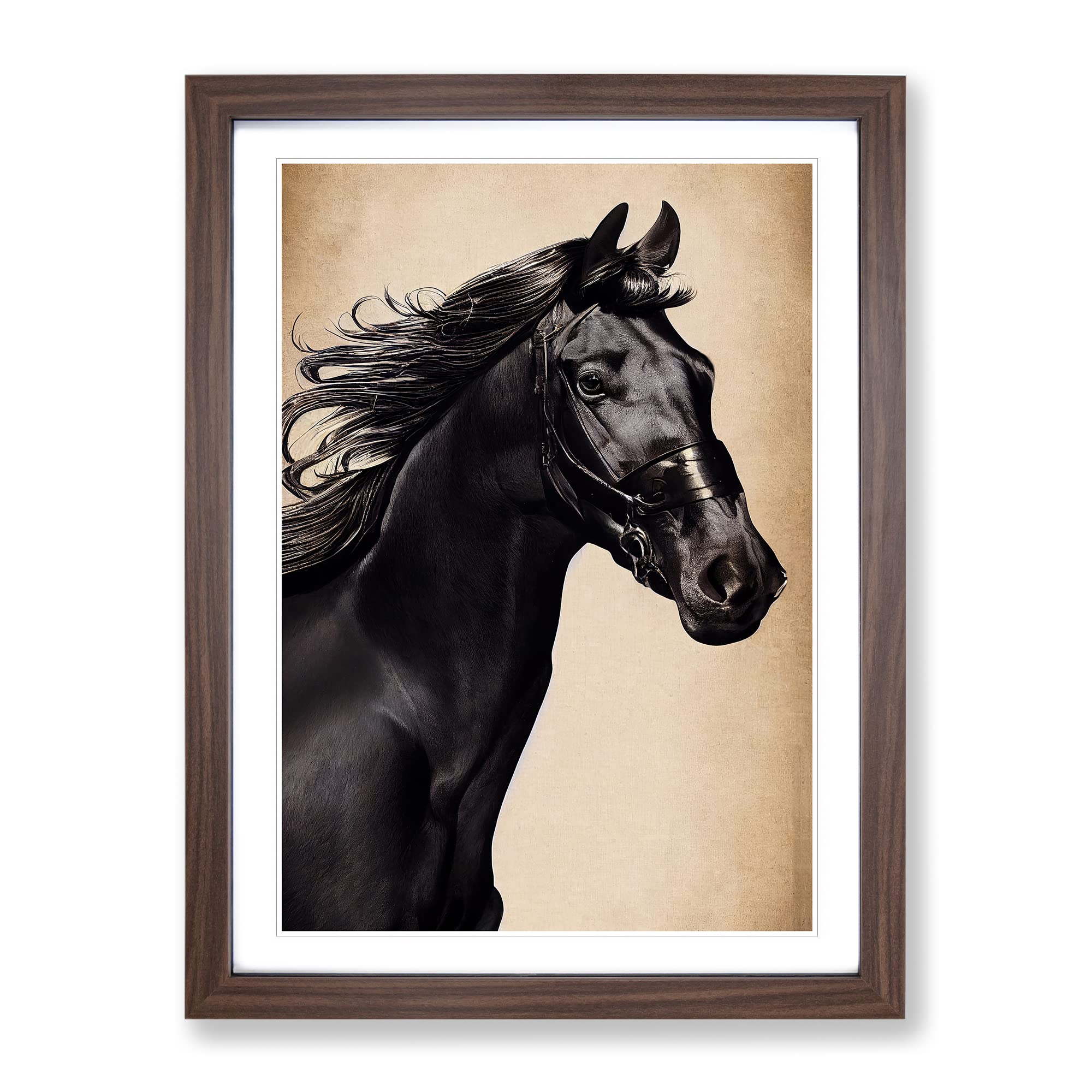 Beautiful Horse Framed Print | A4 Walnut Framed Wall Art | Ready to Hang | Modern Animal Picture | Living Room Bedroom Lounge Office