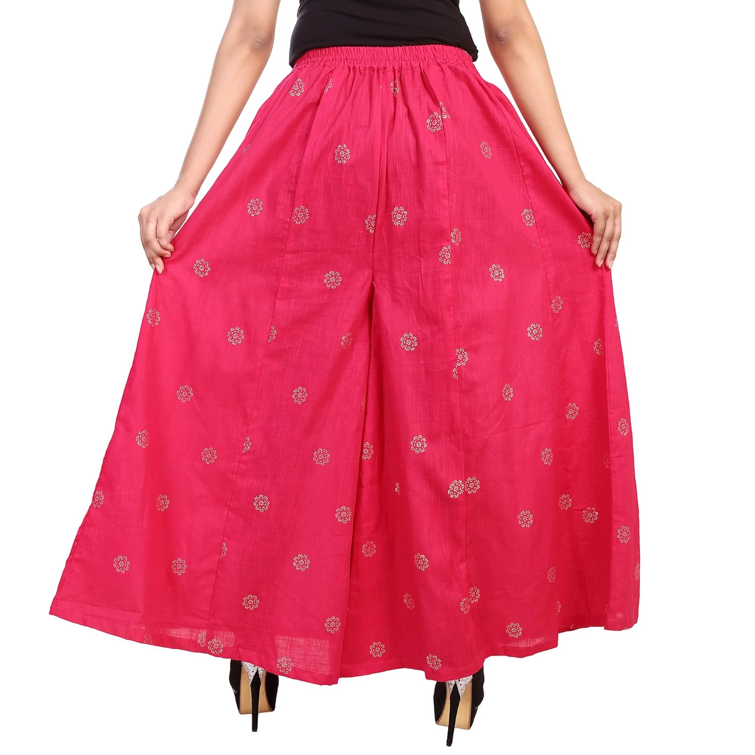 bilochi's women's stylish gold print full flair multi coloured plazo black