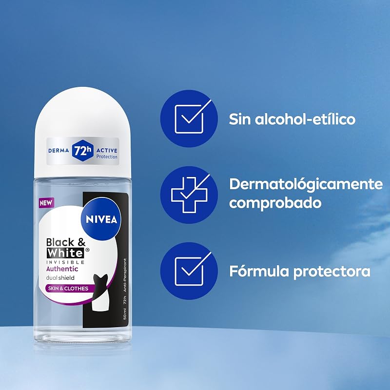 Desodorizante Autêntico Preto e Branco para Mulheres, Roll-On, pacote de 6 x 50 ml
