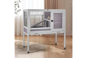 JOYQINCHEN Wooden Guinea Pig Cages with Wheels Indoor Outdoor, Two-Story Rabbit Cage Hutch with Pull Out Tray, Small Animals Cage Habitat with Ramp and Wire Mesh(Grey)