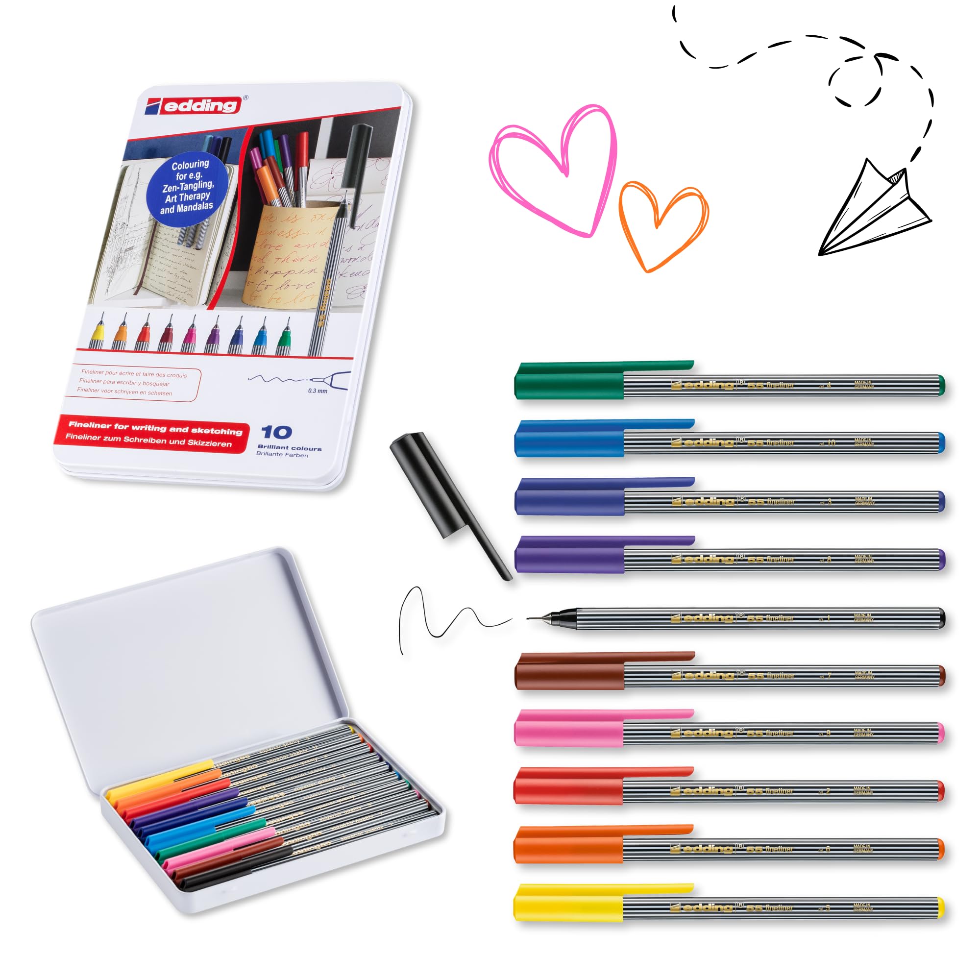 edding 55 - fineliner - set of 10 bright colours - 0.3 mm nib - colour pen for writing, drawing, underlining, illustrating - for children and adults, at school and in the home or office