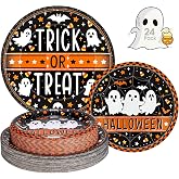 24 Pcs Happy Halloween Paper Plates Set - Cute Ghost Round Plate, Disposable Trick or Treat Dinner Dessert Plates Tableware Kit for Halloween Party Decorations Supplies Table Decor, Black Orange