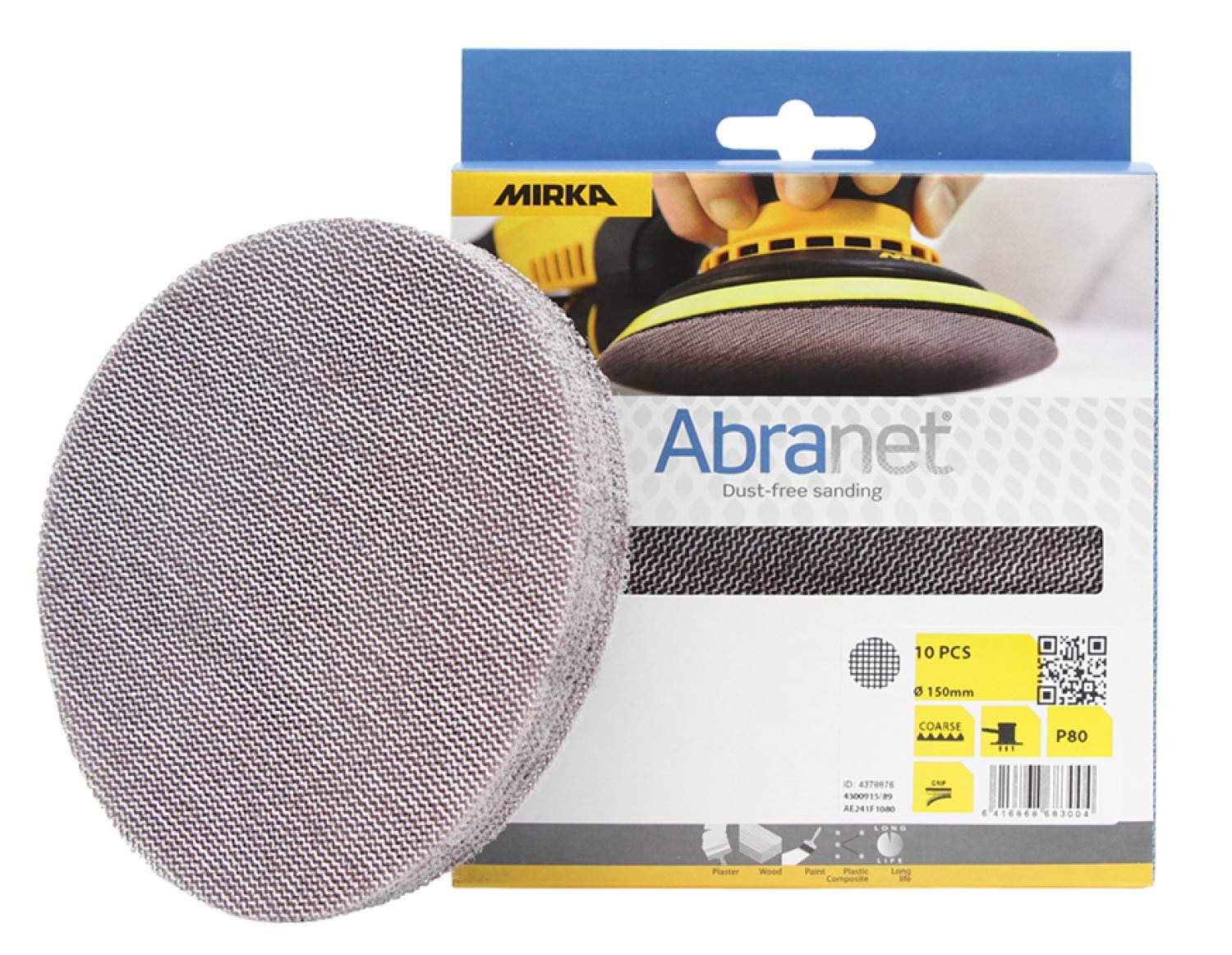 Mirka Abranet net sanding disc Ø 150mm Hook & loop/Grit P80 / 10 pcs/For dust-free sanding of wood, walls, metal, aluminium, stainless steel, filler, varnish, plastic AE241F1080