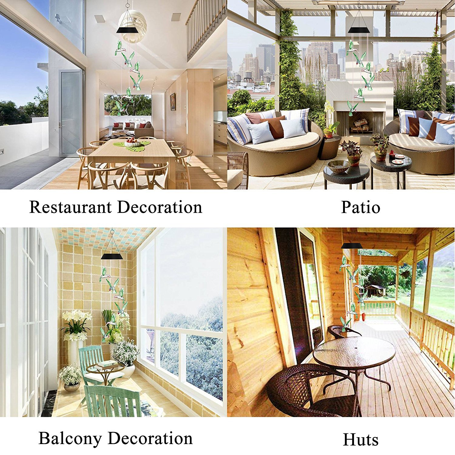 MEIO Color-Changing LED Solar Mobile Wind Chime LED Changing Light Color Waterproof Six Hummingbird Wind Chimes For Home Party Night Garden Decoration