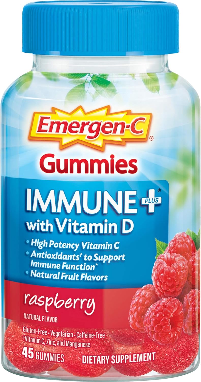 Emergen-C Immune+ Immune Gummies, Vitamin D Plus 750 mg Vitamin C, Immune Support Dietary Supplement, Caffeine Free, Gluten Free, Raspberry Flavor - 45 Count: Health & Personal Care