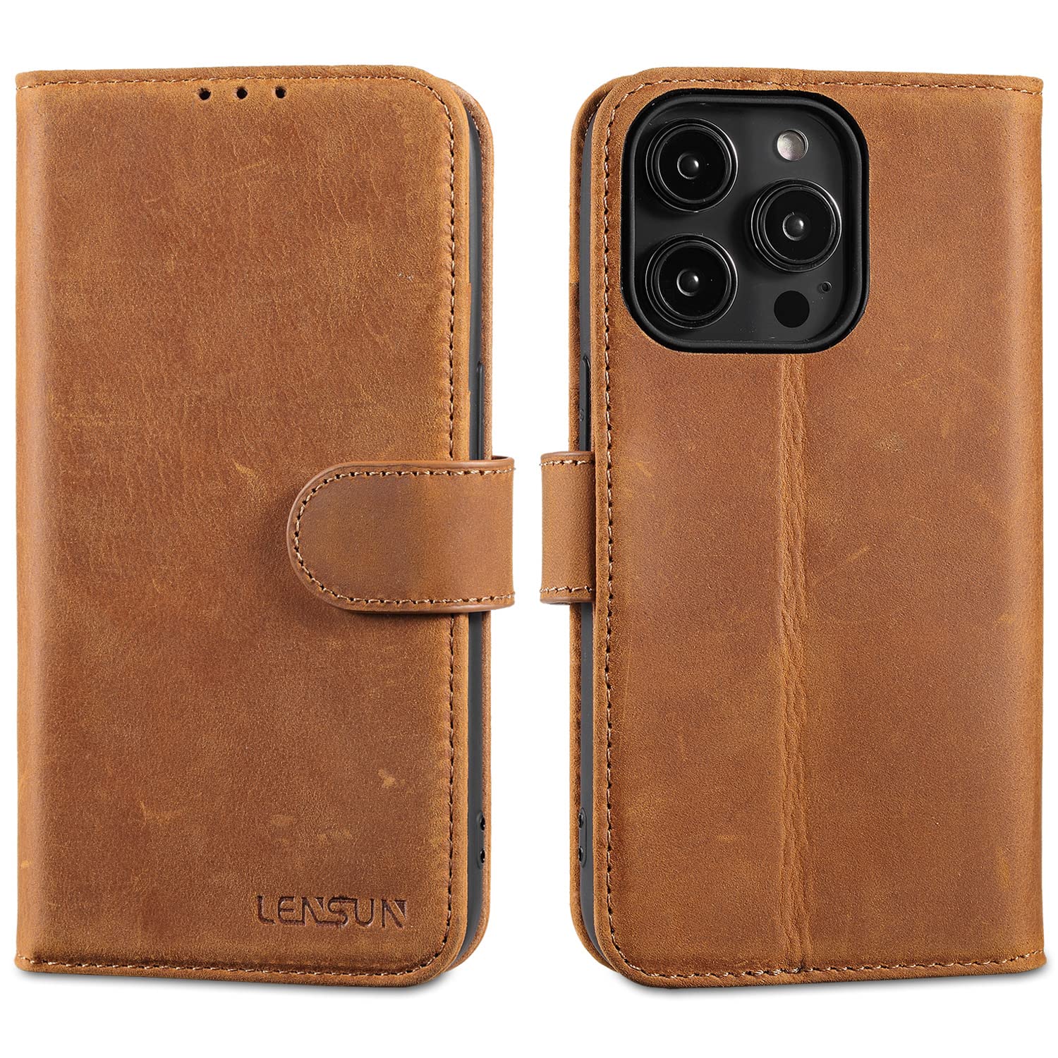 LENSUN Flip Case for iPhone 14 Pro 5G, Genuine Leather Wallet Phone Cover [RFID Blocking] with Card Holder and Magnetic Closure Compatible with Apple iPhone 14 Pro - Vintage Brown
