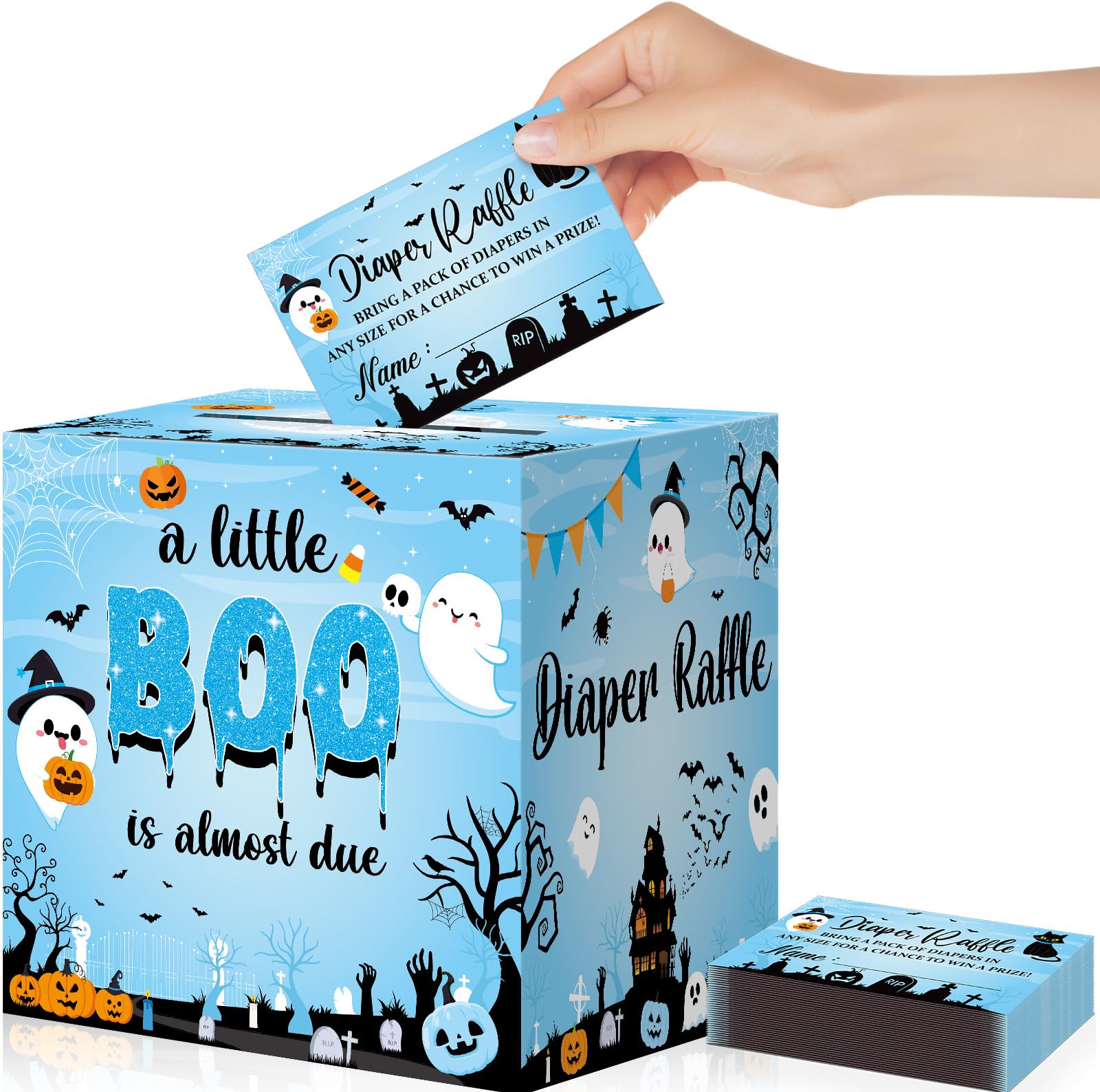 Photo 1 of 51Pcs Halloween Diaper Raffle Tickets with Box A Little Boo is Almost Due Baby Shower Party Decorations Baby Shower Game Kit for Boys Blue Halloween Gender Reveal Party Invitation Supplies Favors